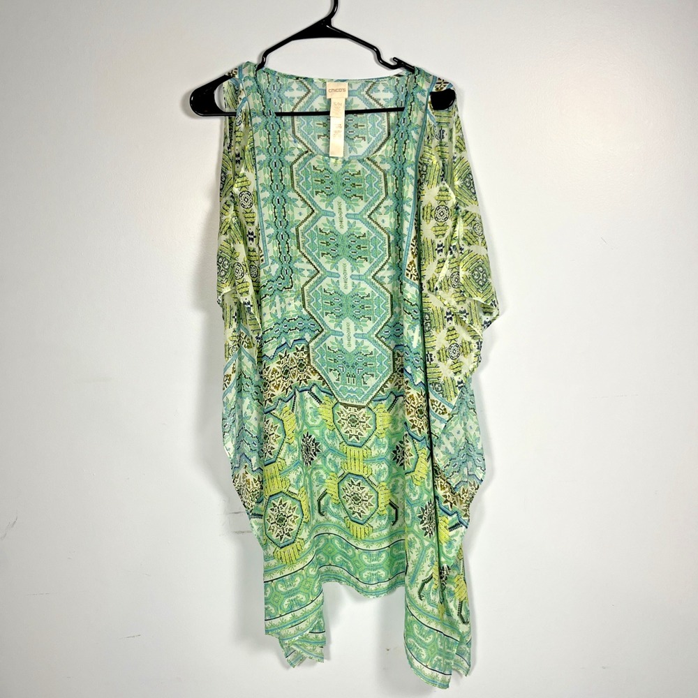 Chico's Semi Sheer Tunic Swim Cover-Up Sz S/M Geometric Cold Shoulder Kimono